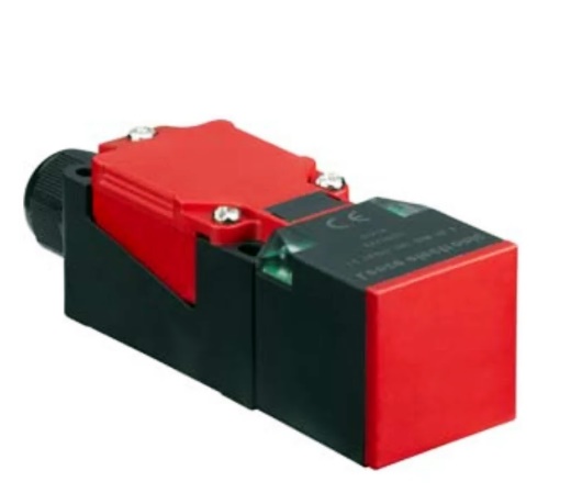 Kırmızı ve siyah renkli, üzerinde CE işareti bulunan, endüstriyel otomasyon sistemlerinde kullanılan kare gövdeli bir limit switch veya pozisyon sensörü.